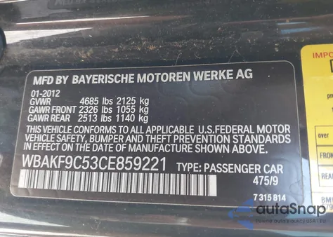 2012 BMW 335I xDrive from USA, damaged, VIN WBAKF9C53CE859221